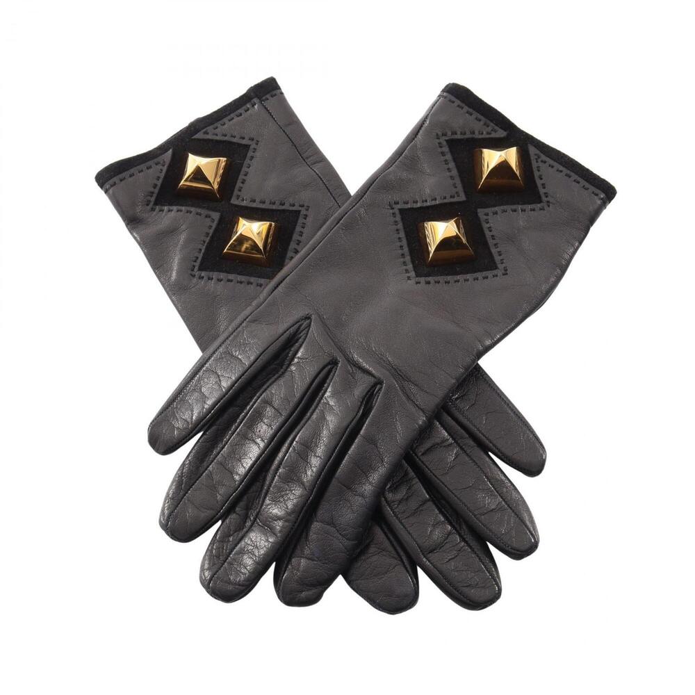Hermes Medor Leather Gloves for Women, GP (Gold Plated), Black/Gold Tone - Picture 1 of 8